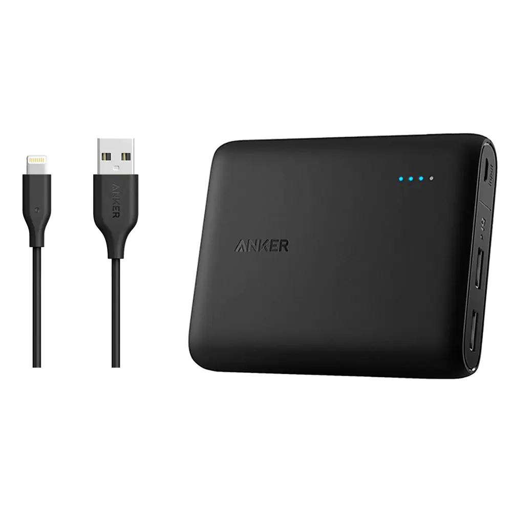 شارژر همراه انکر مدل A1214 PowerCore ظرفیت 10400 میلی آمپر ساعت به همراه کابل تبدیل USB به لایتنینگ انکر مدل A8111 PowerLine به طول 90 سانتی متر