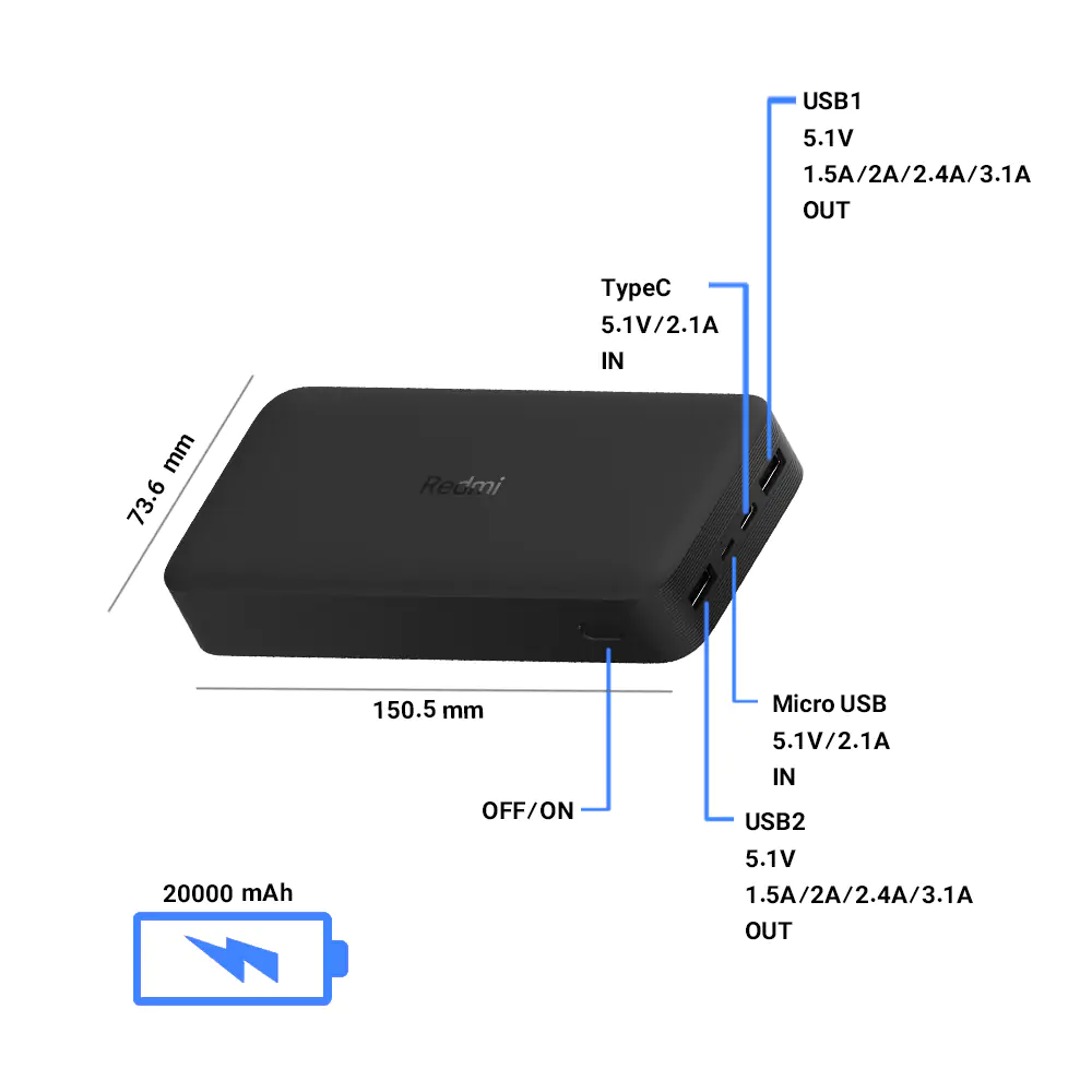 Xiaomi Redmi PB200LZM 20000mAh 18W Fast Charge Power Bank With Cable