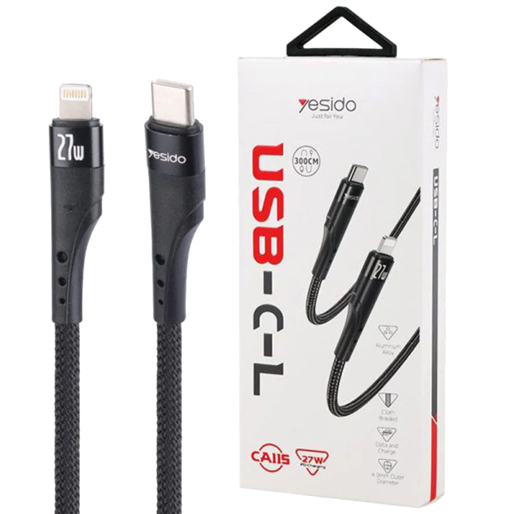 Yesido CA115 Type-C To Lightning PD 27W 3m Fast Charging Cable
