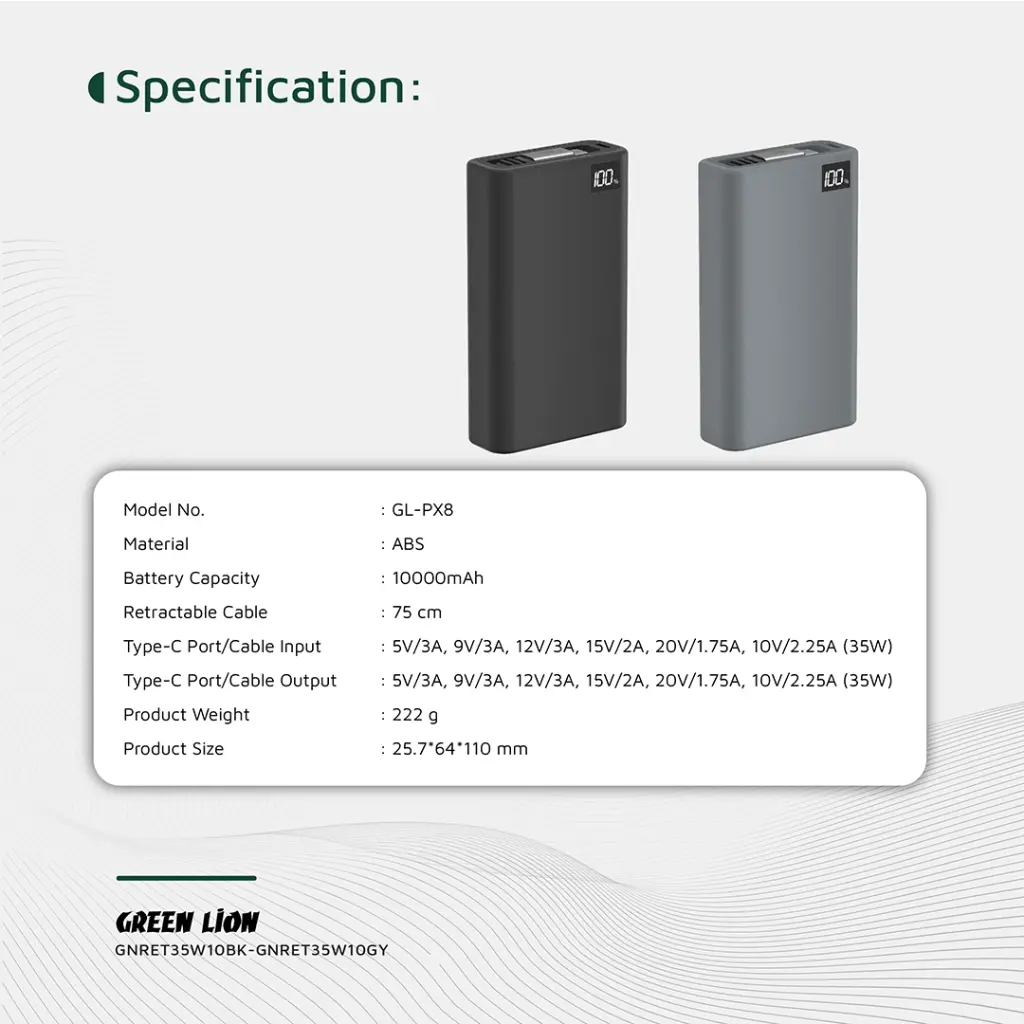 Green Lion Retractable Power Bank 35W 10000mAh