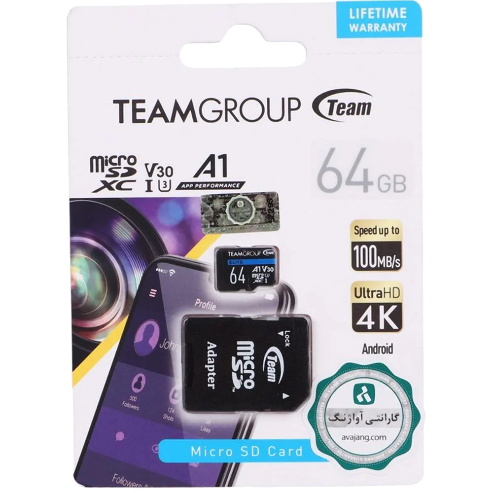 TeamGroup A1 V30 U3 C10 64GB 100MB/s 64GB MICROSD MEMORY CARD WHTH ADAPTER
