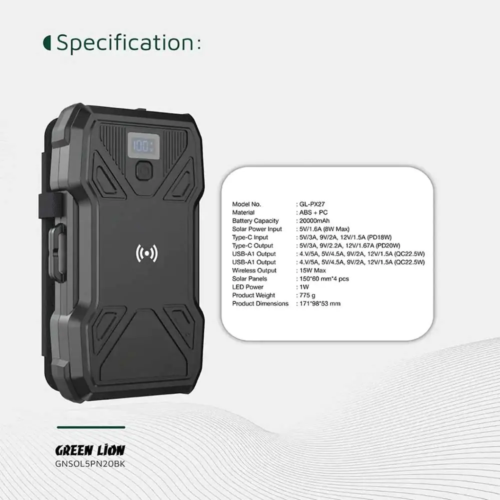  Green Lion Solar 5-Panel 20000mAh Power Bank PD20W GL-PX27